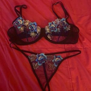 Blue Black Lace Embroidered Bra